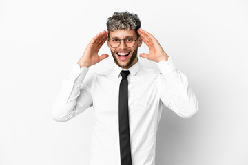 Business caucasian man isolated on white background with surprise expression