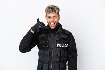 SWAT caucasian man isolated on white background making phone gesture. Call me back sign