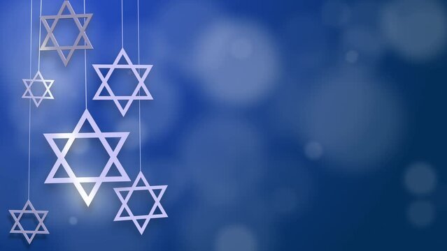 White Jewish Stars of David spin on thin threads. Blue abstract animated background with hexagonal stars symbols of Israel.
