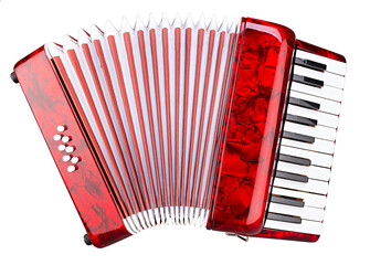 Little red accordion harmonica musical instrument isolated white background. traditional music concept
