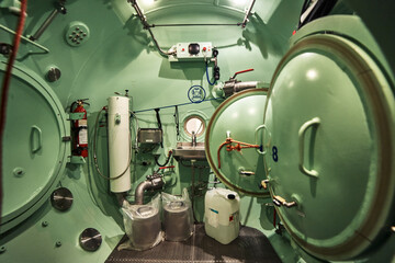 Inside the divers decompression chamber.