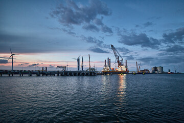 View of port at sunset.