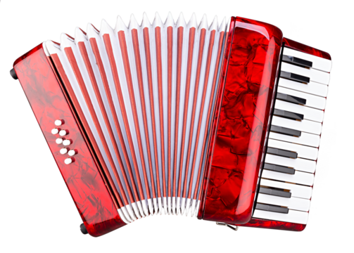 Little red accordion harmonica musical instrument isolated white background. traditional music concept