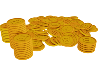Money coins and tokens piled and stacked on isolated background 3D render illustration