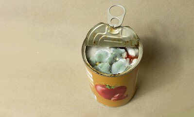 Open tomato sause paste jar  with bluish green mold