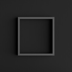 Black, square shape, blank picture frame hanging on black wall background. Abstract 3D rendering. Blank mock up frame on a wall.