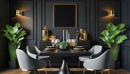 Modern black style interior design idea. Dining room. Concept for designers and architects. 