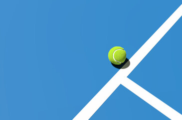 Green tennis ball on the blue court line. Tennis sport and tournament concept. - obrazy, fototapety, plakaty