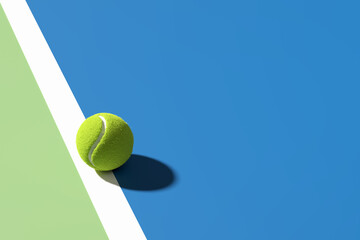 Tennis ball on the edge of the line on blue tennis court. Abstract 3D rendering.