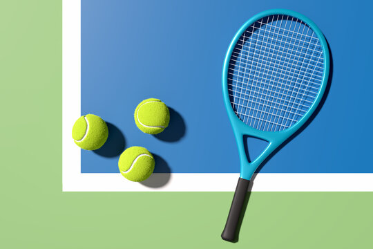 Three Tennis Balls And Tennis Racket On Blue Tennis Court With Lines. 3D Rendering. Flat Lay Overhead View.