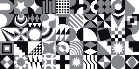 Bauhaus elements pattern square contemporary. Modern geometric abstract shapes. Bauhaus basic forms, lines, circles, triangles and squares.
