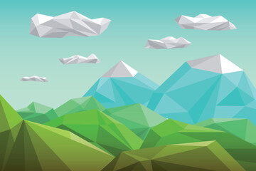 Abstract polygonal green landscape with mountains, hills and clouds. Modern geometric vector illustration.
