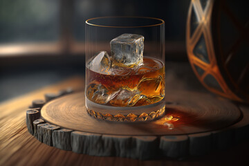 Expensive luxury alcoholic drink in glass with ice cubes standing on wooden platform, close-up. Whiskey, cognac or rum. Generative AI - obrazy, fototapety, plakaty