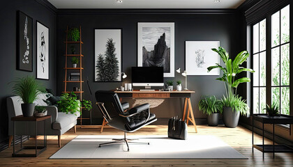 Fototapeta na wymiar Modern black style interior design idea. Living room. Concept for designers and architects. Generative AI