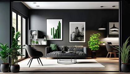 Modern black style interior design idea. Living room. Concept for designers and architects. Generative AI