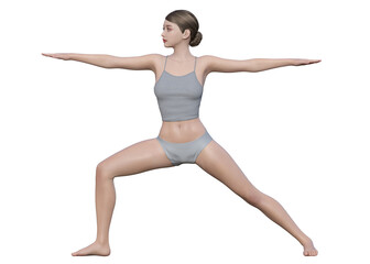 Obraz premium ヨガポーズ ヨガの戦士のポーズ2 ウォーリアのポーズの女性 日本人3Dモデルの全身横向き 横顔のイラスト