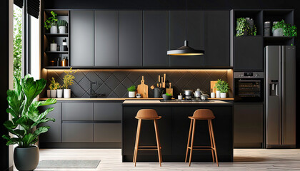 Modern kitchen design, interior design. Just black.  For designers and architects. Graphics for a blog or article.