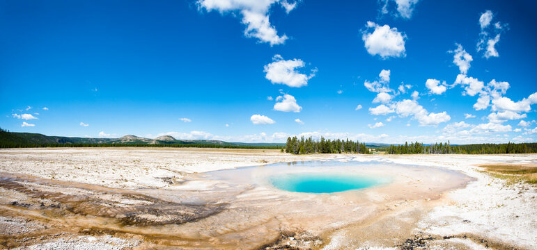 Panoramic View Of Opal Geyser In Midway Geyser Basin, Montana, Usa