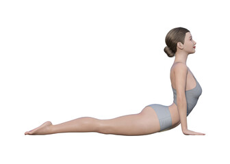 Obraz premium ヨガポーズ ヨガの上向き犬のポーズ アップドッグのポーズをする女性 ナチュラルな日本人3Dモデルの全身横向きのイラスト