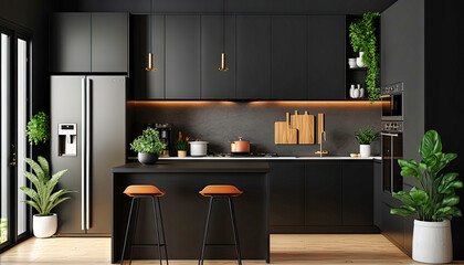 Modern kitchen design, interior design. Just black.  For designers and architects. Graphics for a blog or article. Generative AI