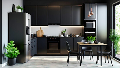 Modern kitchen design, interior design. Just black.  For designers and architects. Graphics for a blog or article. Generative AI