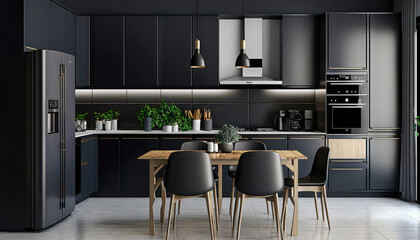 Modern kitchen design, interior design. Just black.  For designers and architects. Graphics for a blog or article. Generative AI