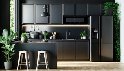 Modern kitchen design, interior design. Just black.  For designers and architects. Graphics for a blog or article. Generative AI
