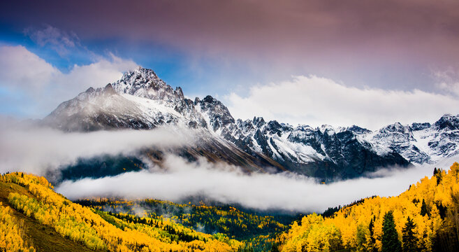 Fall color in a valley and mountain peaks in the background surrounded by fog at sunset.   Mt. Sneffels, Telluride, Colorado, USA.