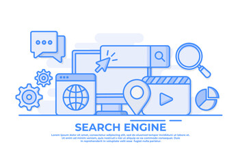Search engine concept with desktop computer, search bar, and search results flat vector illustration for web banner, website landing page, Search engine optimization, SEO marketing analytics