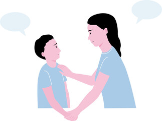 Isolated of mom and child holding hands and talking with happy emotion, kids mental health concept.