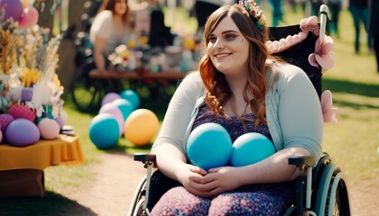 woman with disabilities sits in a wheelchair and smiles at the camera in a park filled with easter eggs and bunnies around, Generative AI