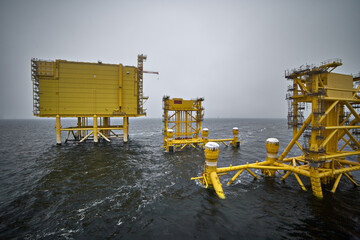 Part of construction of Offshore electrical distribution station from wind farms in the sea.