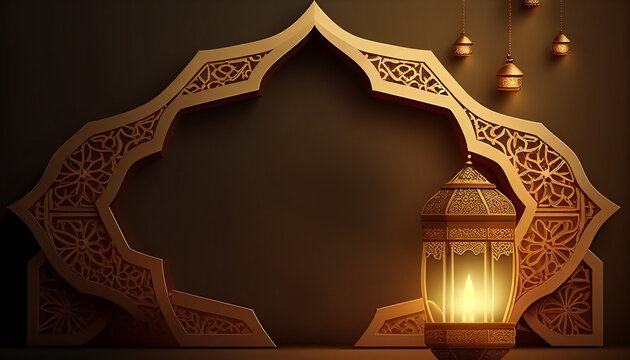 Realistic ramadan kareem, eid mubarak background with crescent moon and mosque, Generative AI