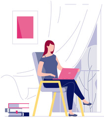 Online employment or study. Woman, freelance character, working at home on laptop, in comfortable environment, sitting in chair near open window, surrounded by books. Raster PNG Illustration flat.