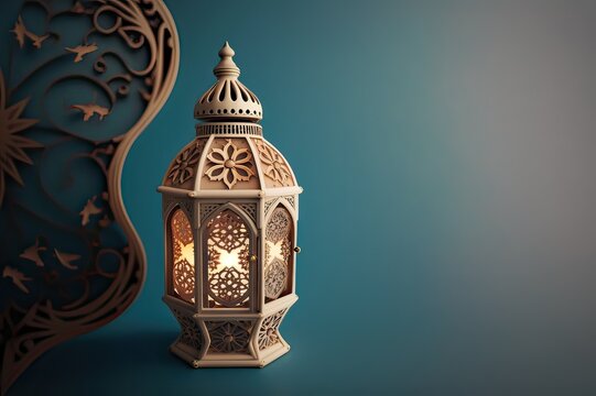 Handcrafted wooden Arabic lantern with Islamic design. Photo generative AI