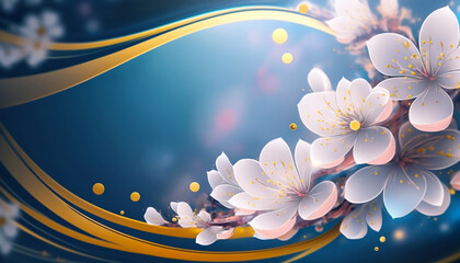 Gold and blue background with blooming cherry flowers on a blurred background. Created with generative AI.