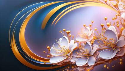 Gold and blue background with blooming pink cherry flowers on a blurred background. Created with generative AI.