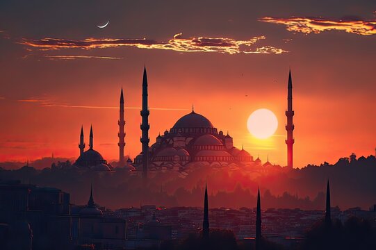 Beautiful sunset in Istanbul, Turkey, with sun behind Blue Mosque's silhouette, red-orange clouds lighting the sky. Photo generative AI