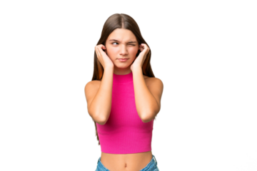 Teenager caucasian girl over isolated background frustrated and covering ears