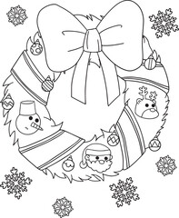 Hand-drawn doodle art. Wreath Christmas and cartoon for Merry Christmas or Happy new year card. Coloring page for adults and kids.
