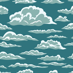 Cute Cloudy Seamless Pattern on Blue Background. Hand Drawn Vector Illustration. Nursery Wall Art for Baby Boy And Baby Girl. Great for Textile, Fabric Prints, Wrapping Paper.