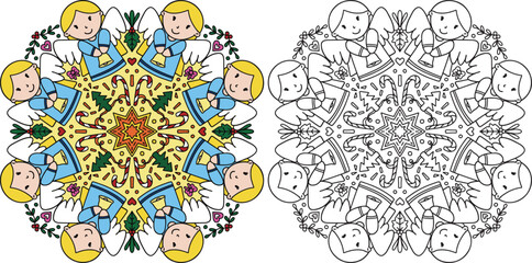 Hand-drawn. Christmas Angle mandala. Doodles art for Merry Christmas or Happy new year card. Coloring page for adult and kids.
