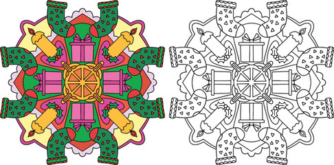 Hand-drawn. Christmas Socks, gift boxes, and candles mandala. Doodles art for Merry Christmas or Happy new year card. Coloring page for adults and kids.
