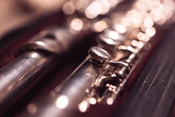 A close up portrait of a music case with a disassembled metal silver flute in it with valves to...