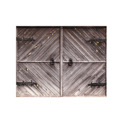 Closed wooden barn gate isolated on white, background texture