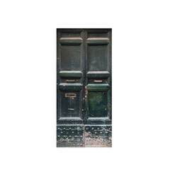 Old dark green wooden door isolated on white, background texture