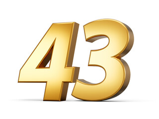 Golden metallic Number 43 Forty three, White background 3d illustration