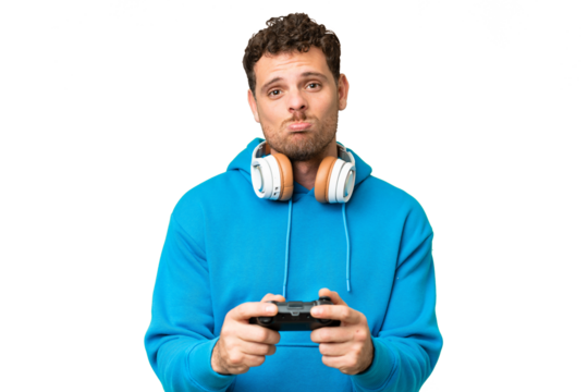 Brazilian man playing with a video game controller over isolated chroma key background