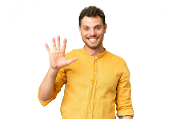 Brazilian man over isolated chroma key background counting five with fingers