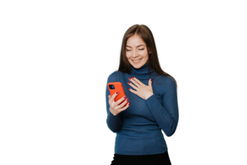 Grateful italian young woman looks at phone with amazed face expression, received unexpected news puts hand on chest, happy. Beautiful Italian housewife reads message, against transparent background.